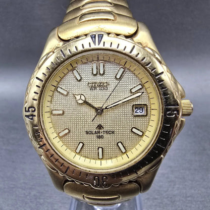 Citizen Solar Tech 180 Watch Men 38mm Gold Dial Gold Tone Date Round Works VTG0