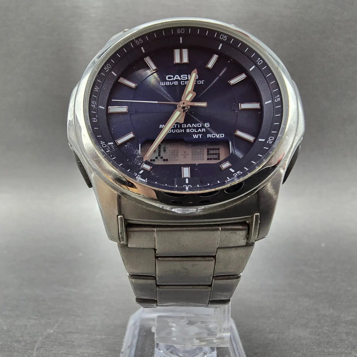 Casio Wave Ceptor Watch Men 42mm Blue Dial Steel Solar Alarm Daydate WVA-M630 J15
