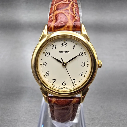 Seiko Watch Women 25mm Ivory Dial Gold Tone Round V701-1930 New Battery Vintage0