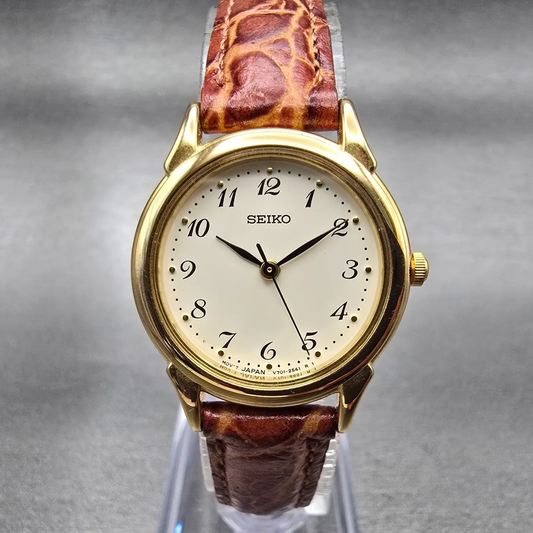 Seiko Watch Women 25mm Ivory Dial Gold Tone Round V701-1930 New Battery Vintage0