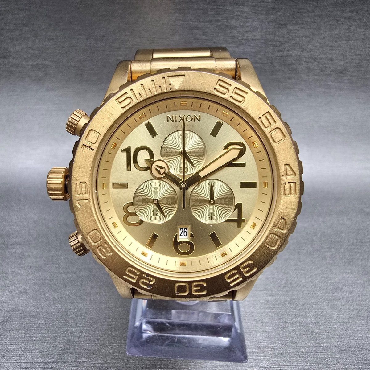 Nixon The 42-20 Chrono Watch Men 42mm Gold Dial Gold Tone Date Round New Battery0
