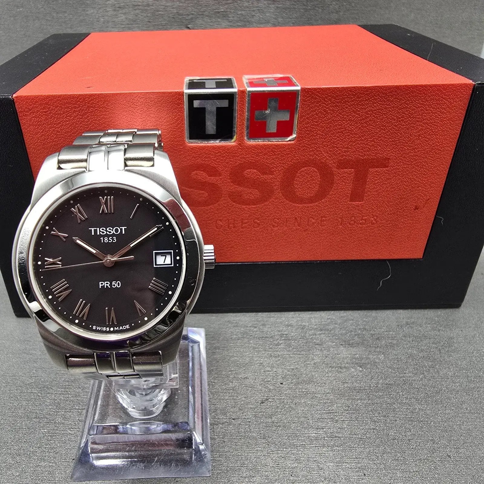 Tissot PR 50 Watch Men 36mm Black Dial Silver Tone Date J376/476 New Battery0