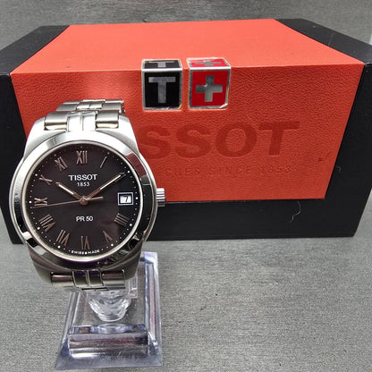 Tissot PR 50 Watch Men 36mm Black Dial Silver Tone Date J376/476 New Battery0