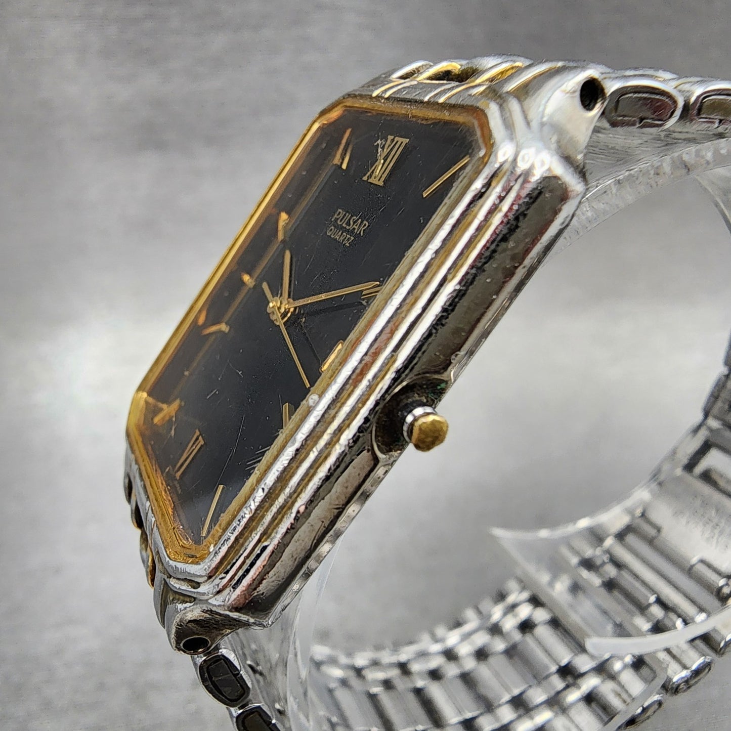 Pulsar Tank Watch Men 26mm Black Dial Two Tone Date Rectangle READ!! New Battery2
