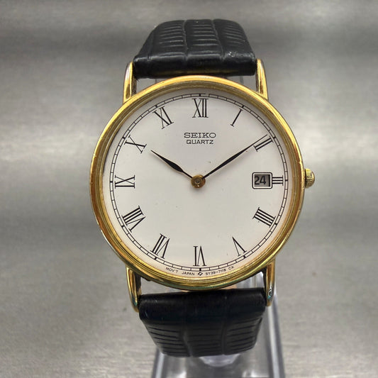 Seiko Watch Men 31mm White Dial Gold Tone Date 5Y39-7010 Vintage New Battery0