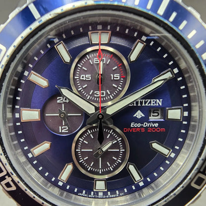 Citizen Eco-Drive Dive Chronograph Watch Men 44mm Blue Dial Steel Date Runs1