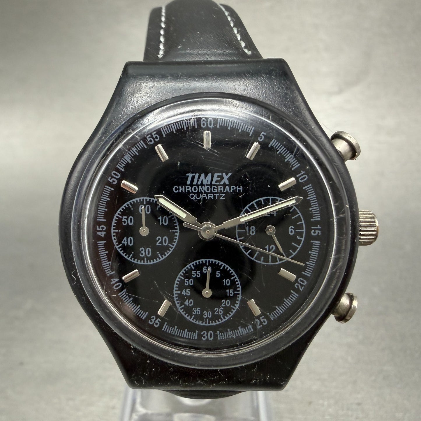 Timex Chronograph Watch Men 37mm Black Dial Black Tone Round New Battery0