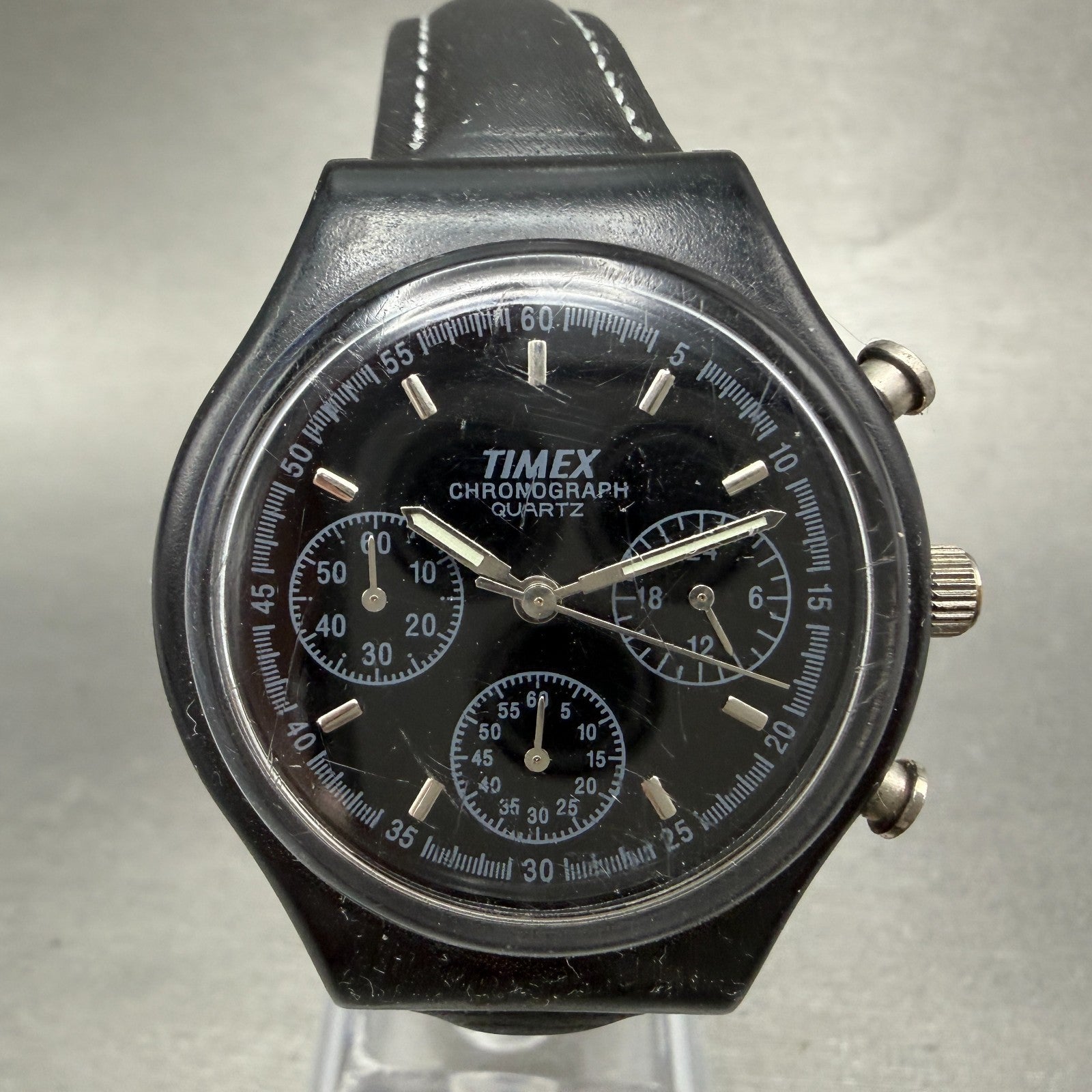 Timex Chronograph Watch Men 37mm Black Dial Black Tone Round New Battery0