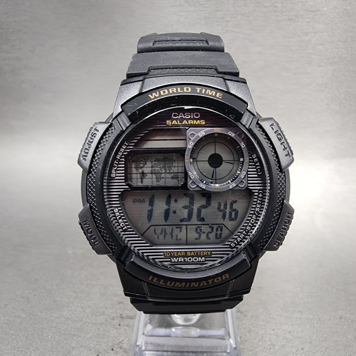 Casio AE1000W World Time Watch Men 43mm Digital Black Tone Alarm Chrono NewBatt1