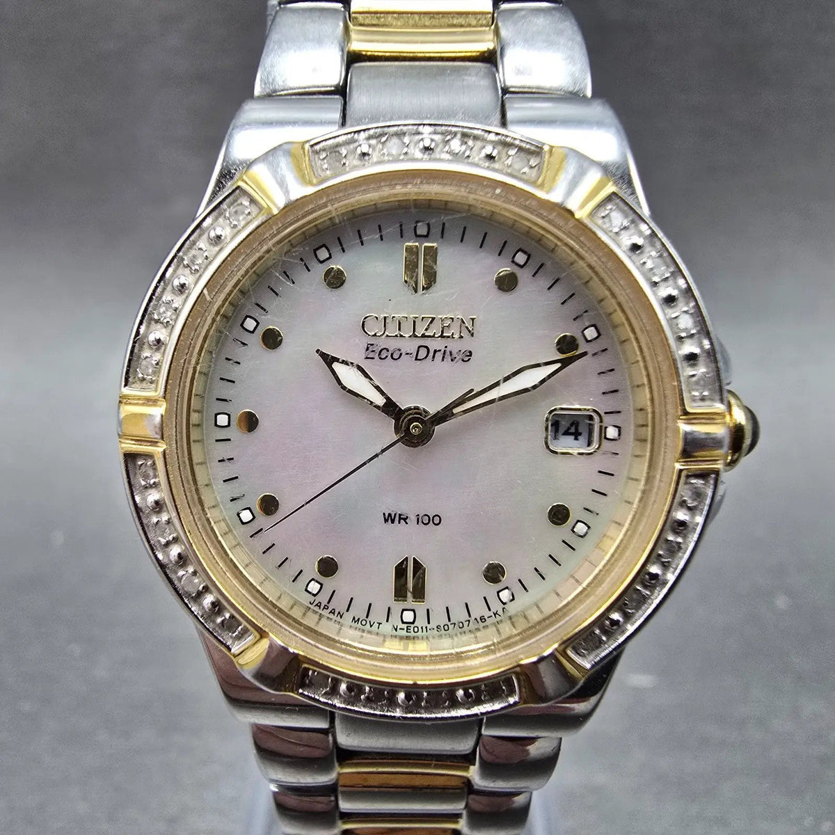 Citizen Eco-Drive Riva Watch Women 27mm MOP Dial Two Tone Gemmed E011-S044235 JP0