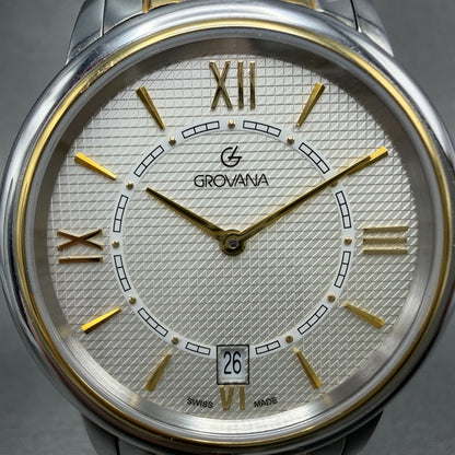 Grovana Watch Men 38mm White Dial Two Tone Date Round New Battery 170811