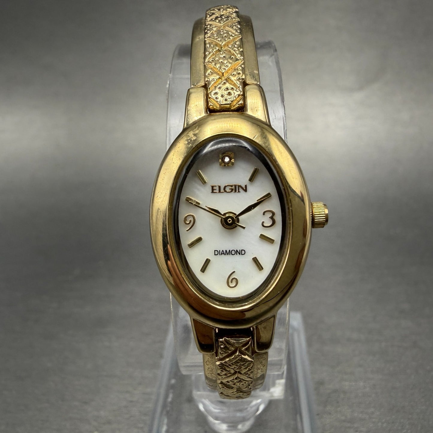 Elgin Watch Women 18mm MOP Dial Gold Tone Oval EG8074 Diamond New Battery ABC0