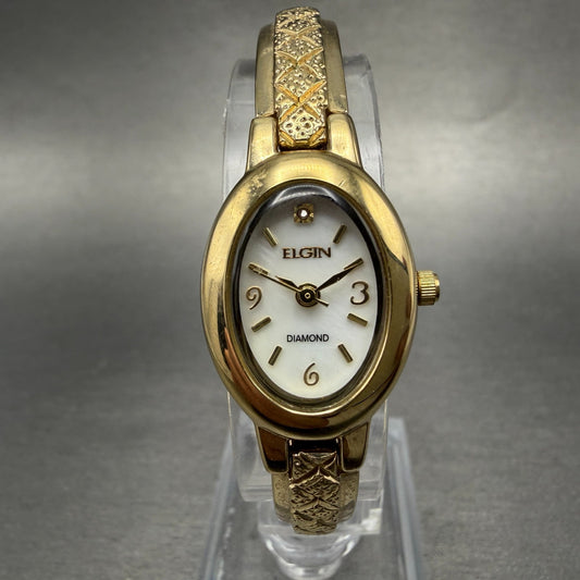 Elgin Watch Women 18mm MOP Dial Gold Tone Oval EG8074 Diamond New Battery ABC0
