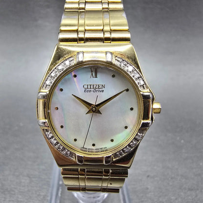 Citizen Eco-Drive Watch Women 25mm MOP Dial Gold Diamonds Round E030-H29751 Runs0