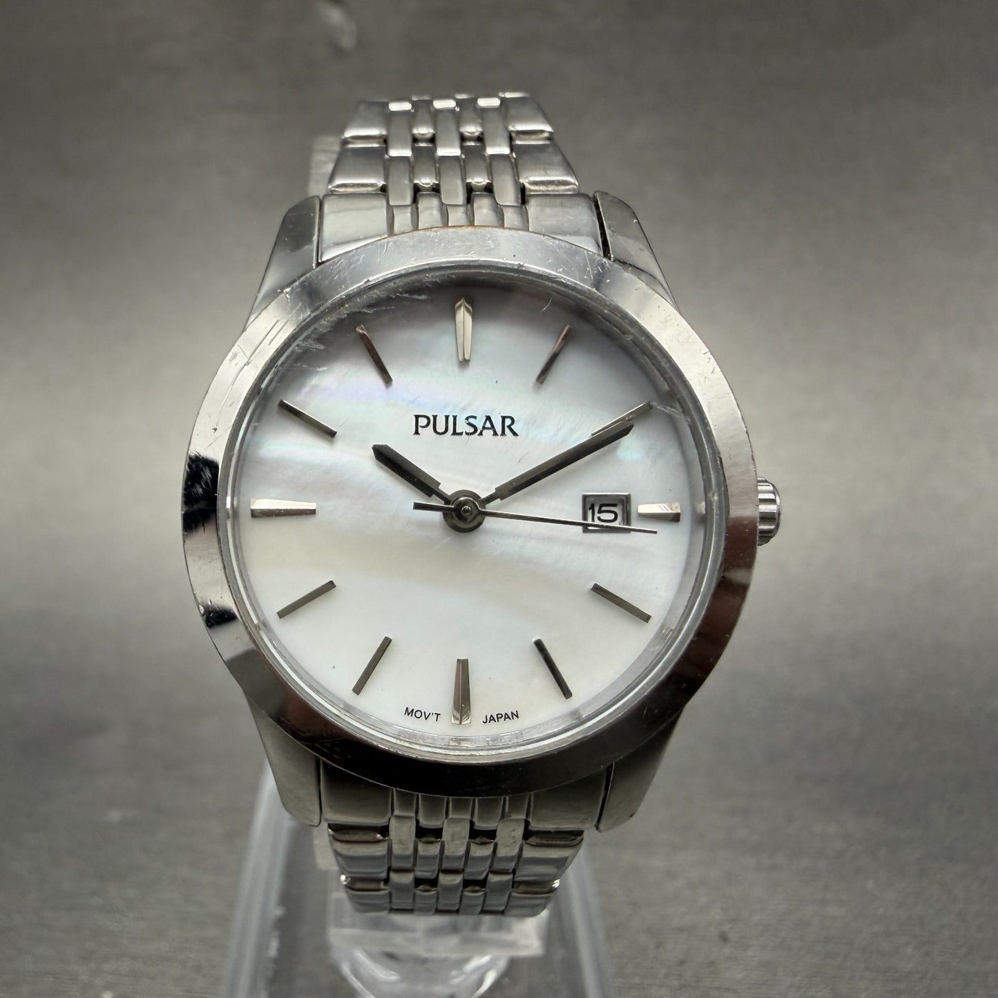 Pulsar Watch Women 28mm MOP Dial Silver Tone Date Round VJ22-X085 New Battery0