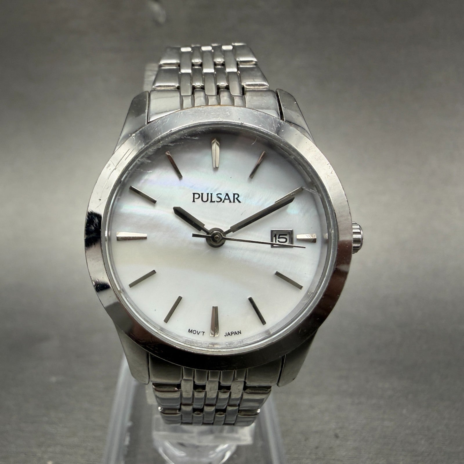 Pulsar Watch Women 28mm MOP Dial Silver Tone Date Round VJ22-X085 New Battery0