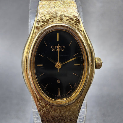Citizen CQ Watch Women 17mm Black Dial Gold Tone Oval 5930S25350 New BatteryA121