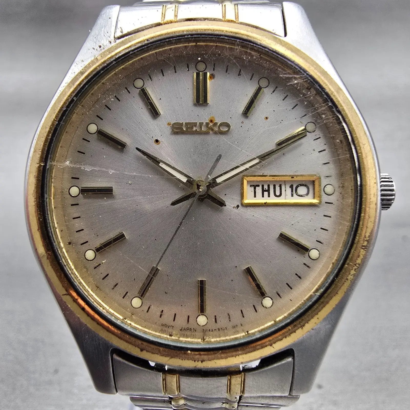 Seiko Watch Men 37mm Silver Dial Two Tone Daydate Round 7N43-9041 New Battery1