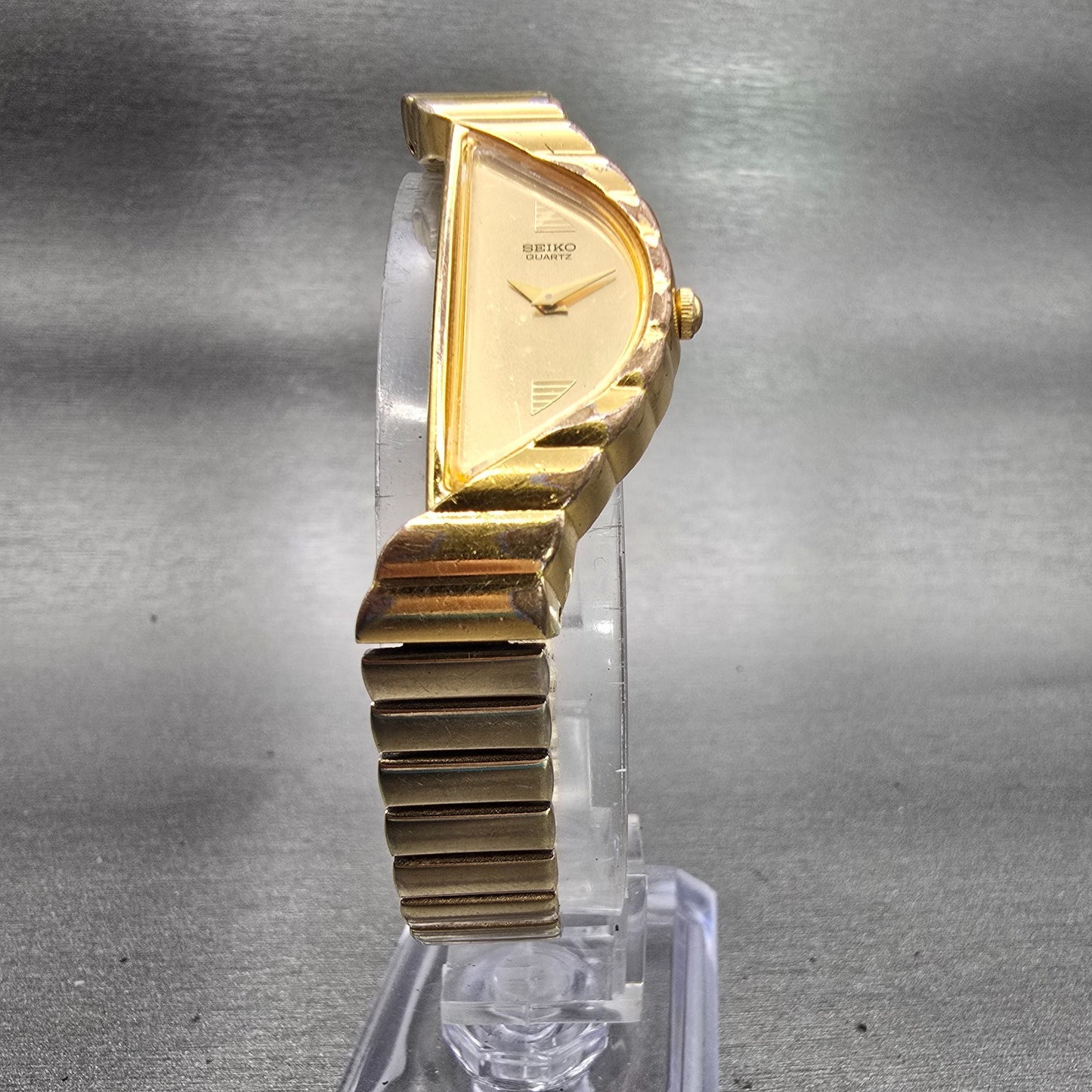 Seiko Watch Women 15mm Gold Dial Gold Tone Asymmetrical 1F20-5059 New Battery5