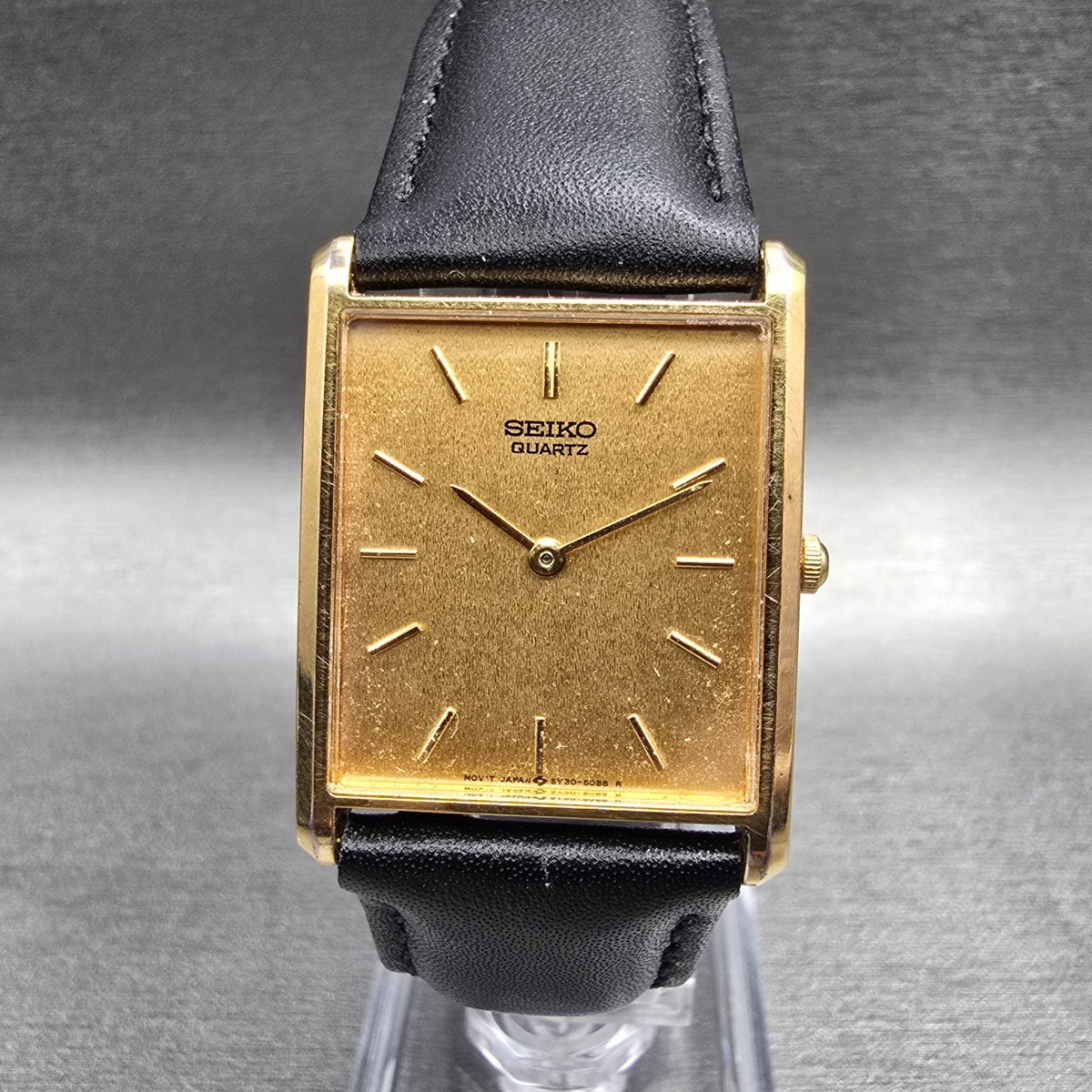 Seiko Tank Watch Men 25mm Gold Dial Gold Rectangle 5Y30-5069 New Battery VTG JP0