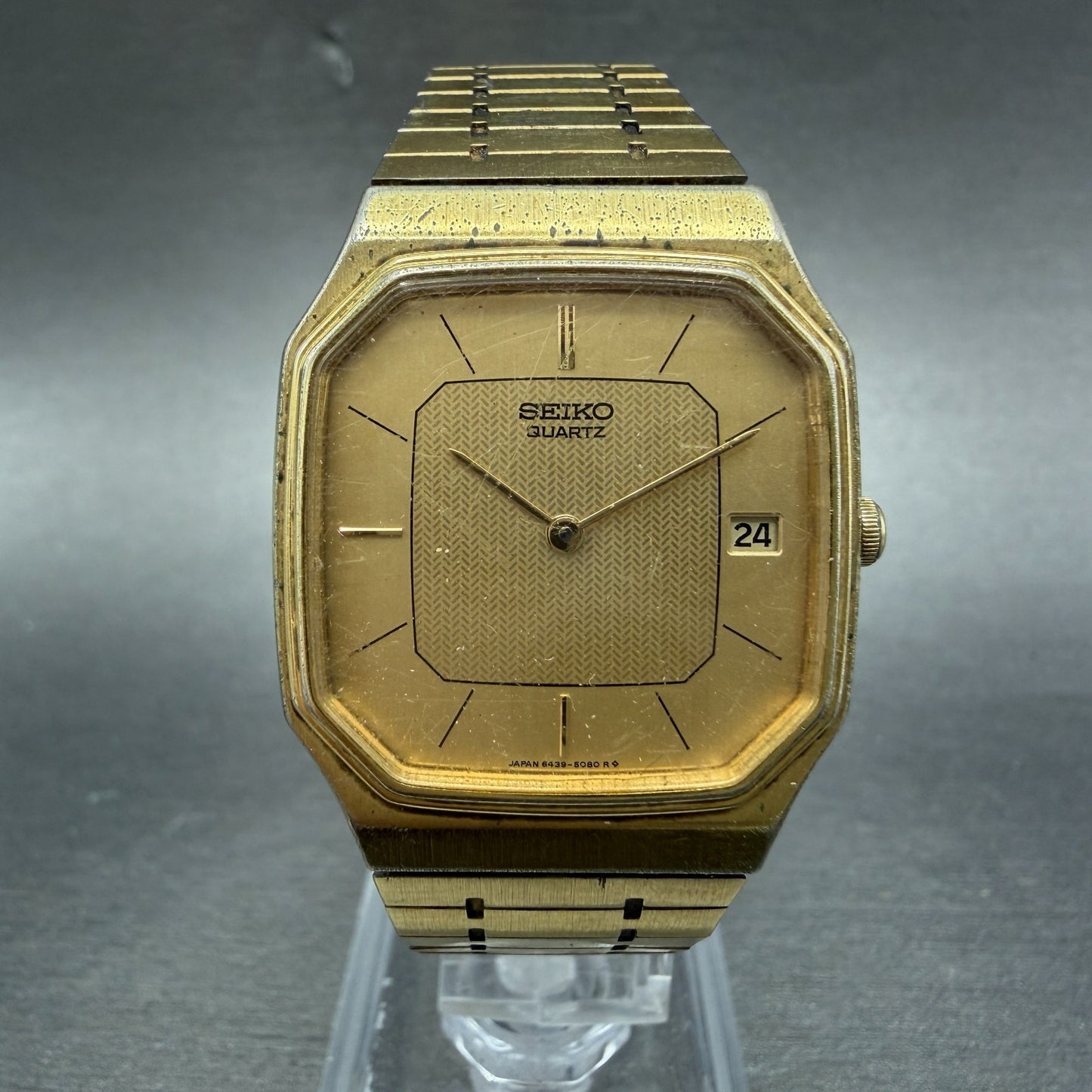 Seiko Tank Watch Men 29mm Champagne Dial Gold Tone Date Octagon 6439-5039 PARTS0