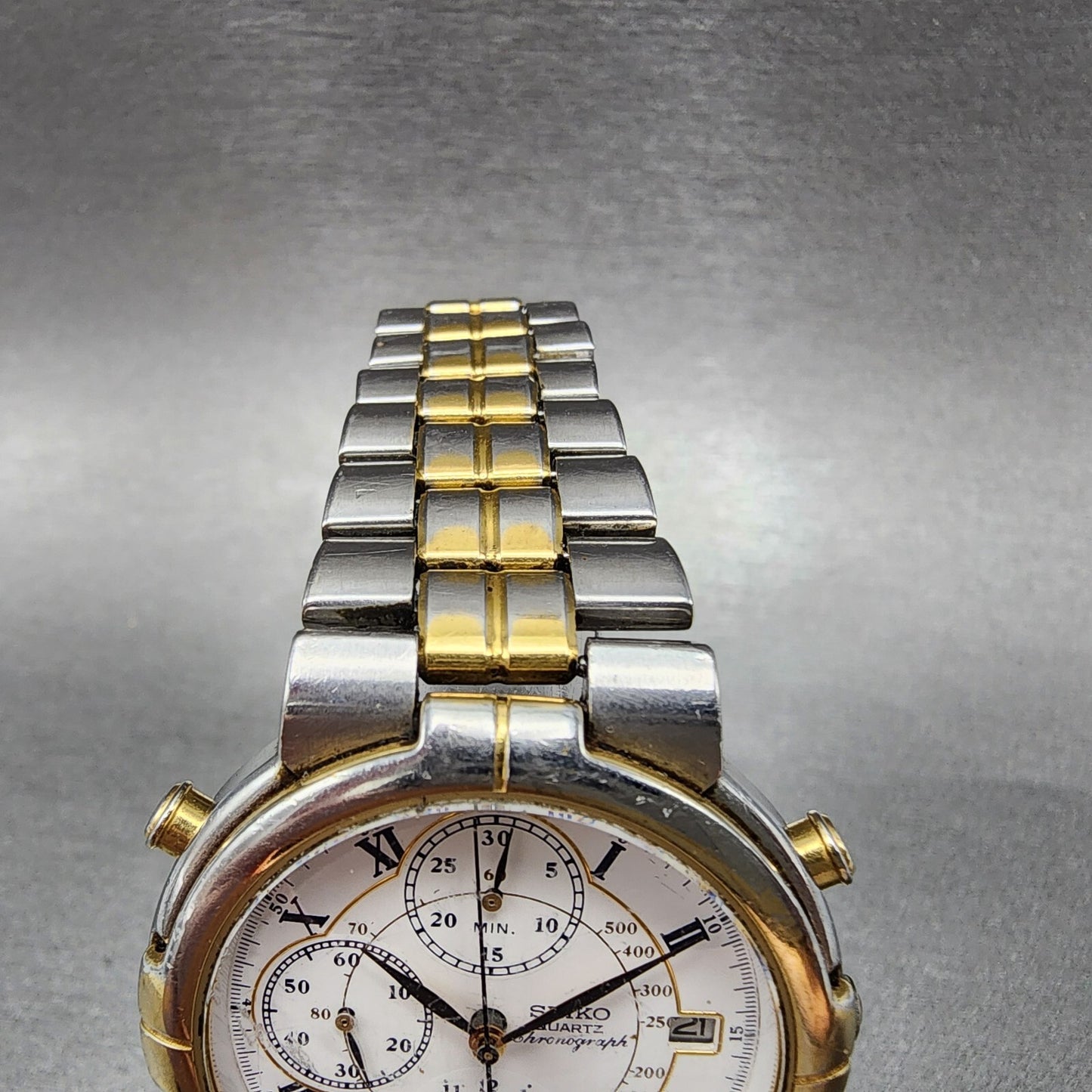 Seiko Chronograph Watch Men 36mm White Dial Two Tone Date Alarm 7T327A09 PARTS5