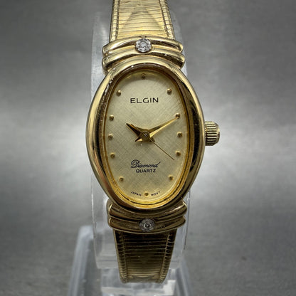 Elgin Watch Women 16mm Champagne Dial Gold Tone Oval Diamond Quartz New Batt ABC0