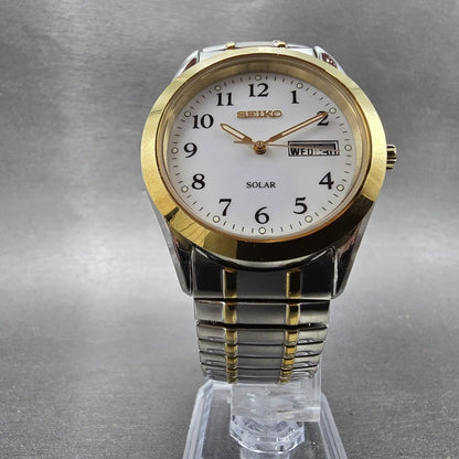Seiko Solar Watch Men 37mm White Dial Two Tone Daydate Round V158-0AB0 Works5