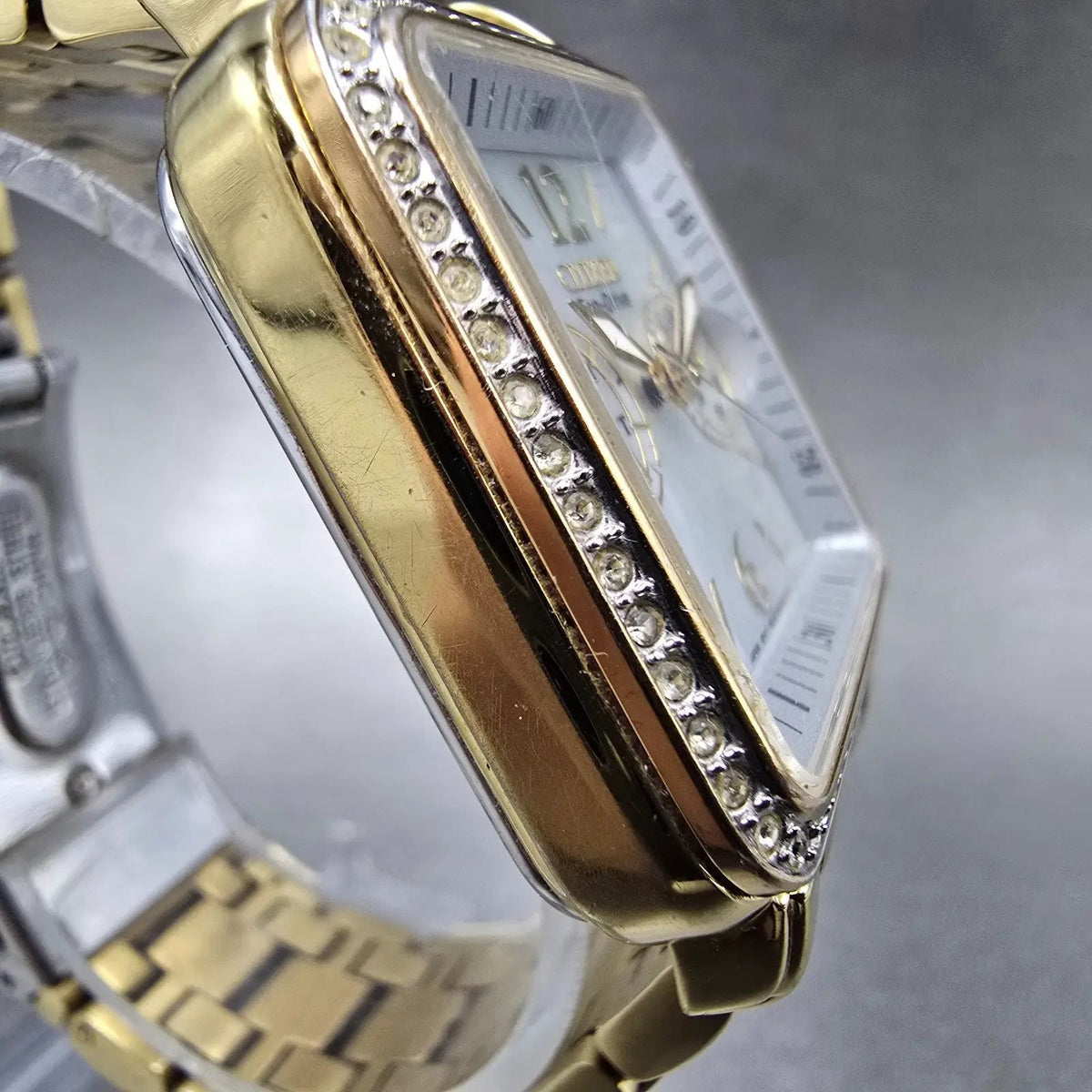 Citizen Eco-Drive Tank Watch Women 32mm MOP Dial Gold Daydate Crystal Works3