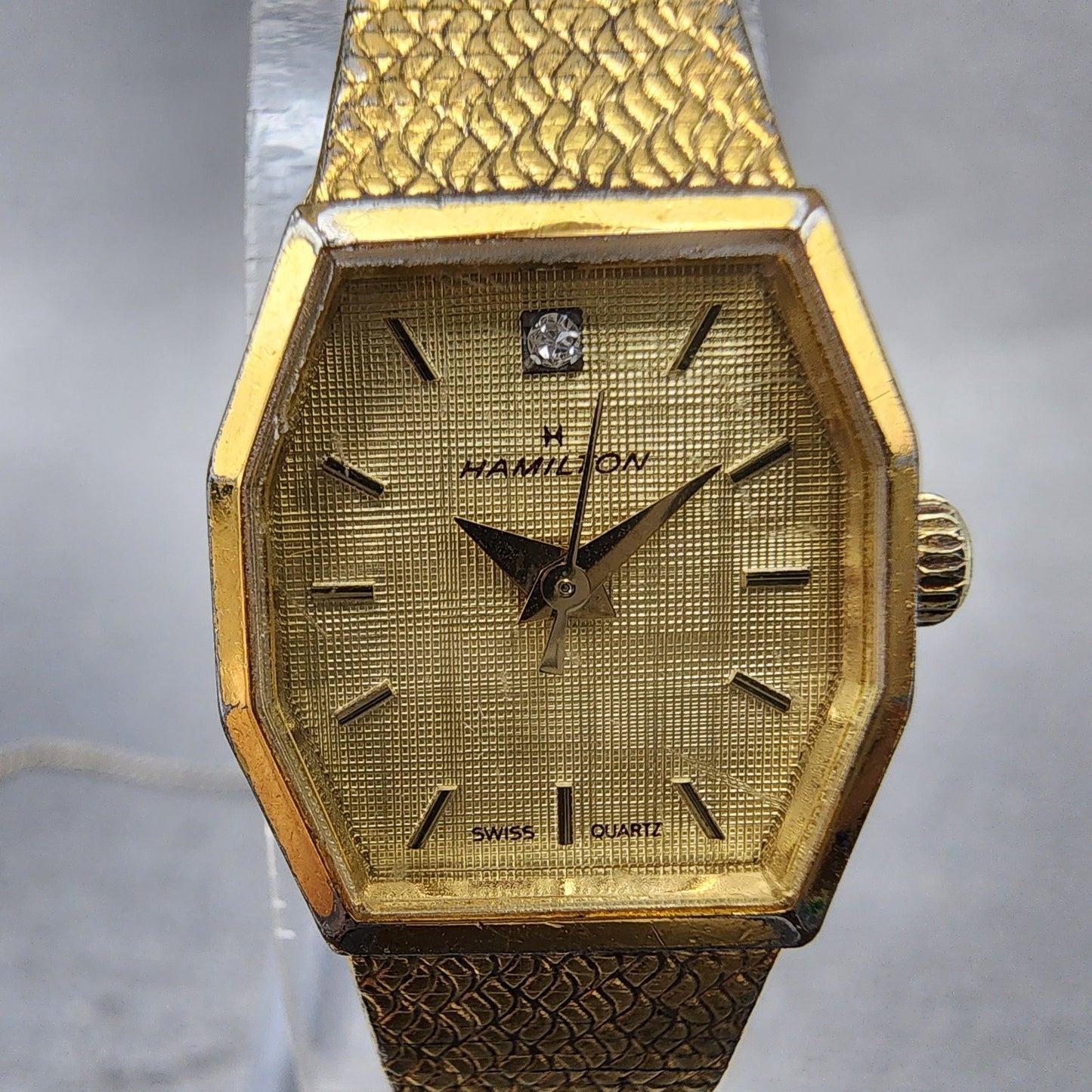Hamilton Watch Women 26mm Gold Dial Gold Octagon 9220 New Battery Vintage1