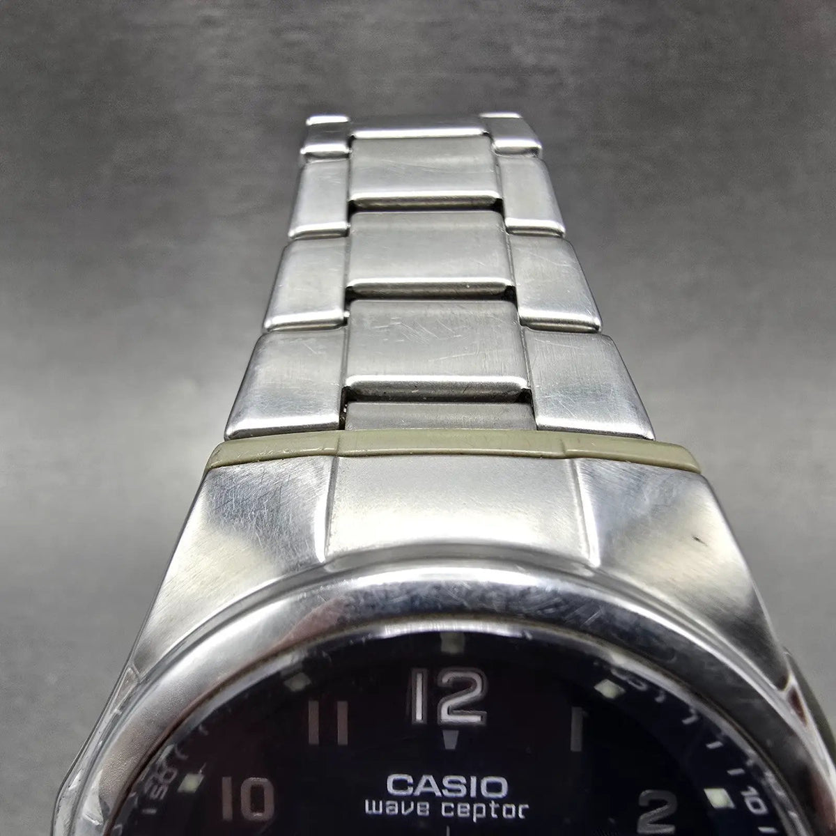 Casio Wave Ceptor Watch Men 43mm Blue Dial Silver Solar Alarm Daydate Works JP4