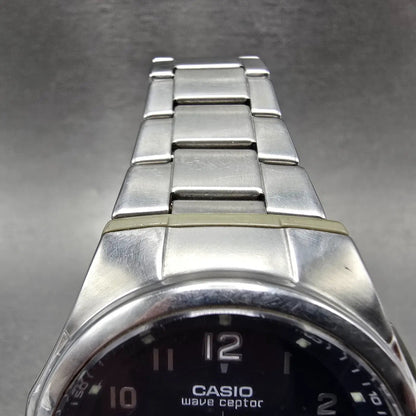 Casio Wave Ceptor Watch Men 43mm Blue Dial Silver Solar Alarm Daydate Works JP4