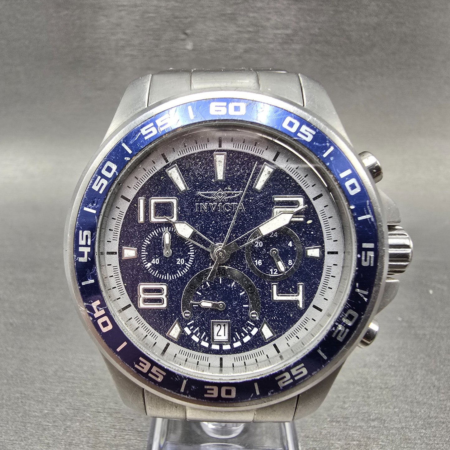 Invicta Chronograph Watch Men 45mm Blue Dial Silver Tone Date Round 14332 PARTS0