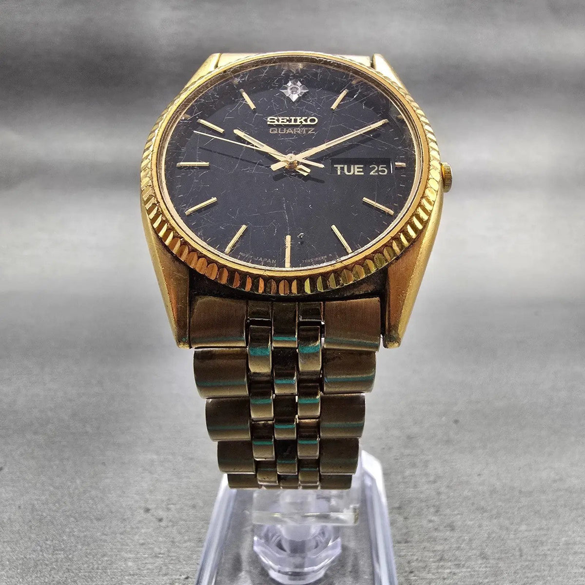 Seiko President Watch Men 36mm Black Dial Gold Tone Daydate 7N43-8111 New Batt5