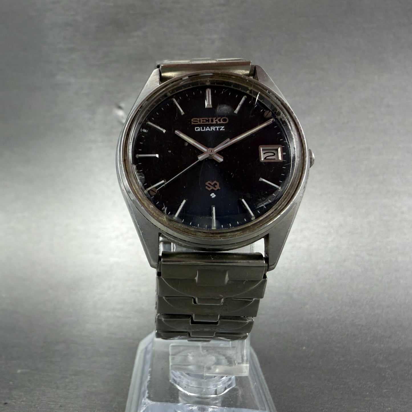 Seiko SQ Watch Men 34mm Blue Dial Silver Tone Date 8222-7009 New Battery READ!!!5