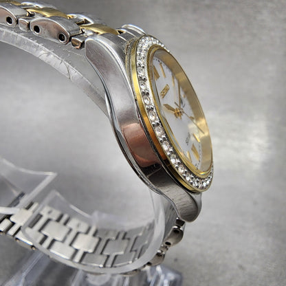 Seiko Solar Watch Women 28mm MOP Dial Two Tone Date Round V1370aa0 Runs3