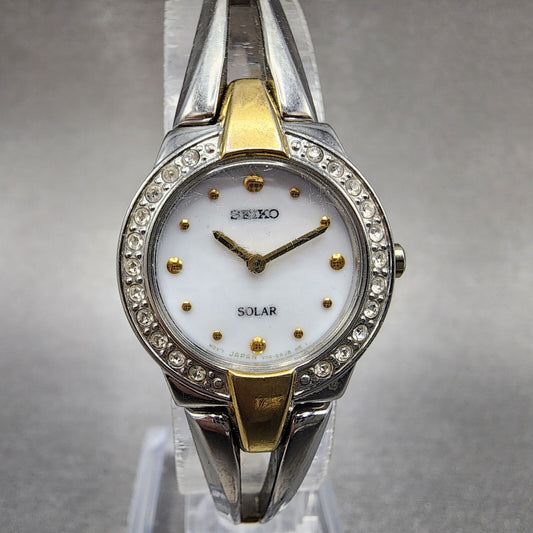 Seiko Solar Watch Women 22mm MOP Dial Two Tone Crystal Bezel Round V1140AF0 Runs0