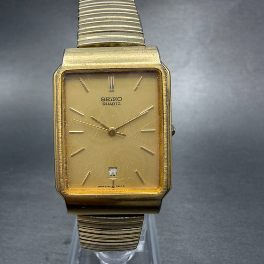 Seiko Tank Watch Men 26mm Champagne Dial Gold Tone Date Rectangle 5Y32-5129 PART0