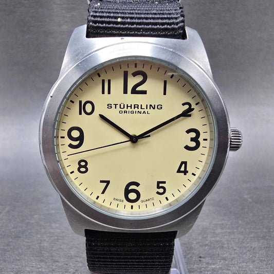 Stuhrling Original Aviator Contrail Watch Men 42mm Cream Dial Steel New Battery0