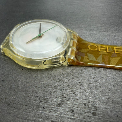 Swatch Watch Unisex 34mm White Dial Clear Case Celebrate time New Battery6