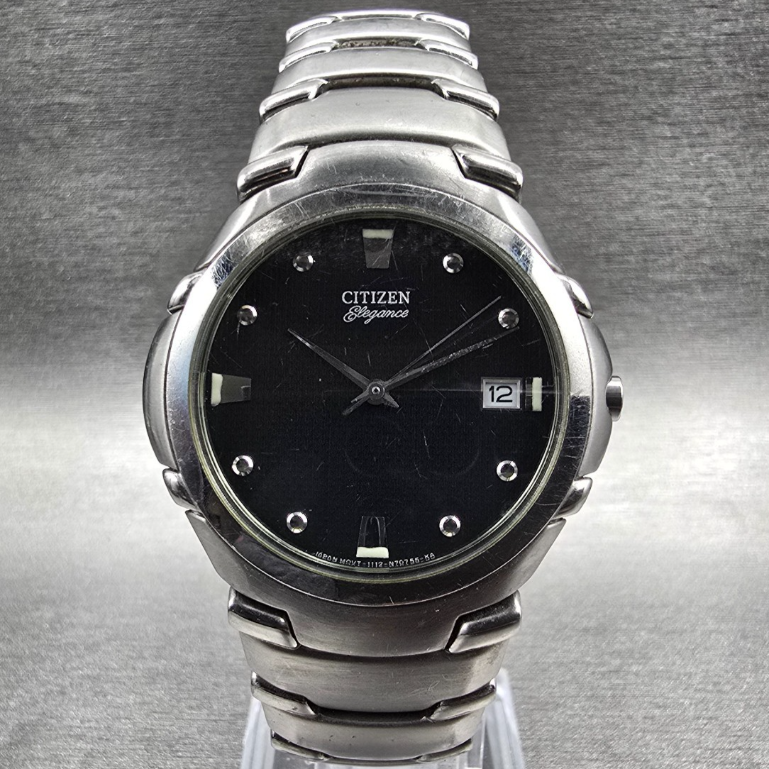 Citizen Elegance Watch Men 35mm Black Dial Silver Date 1112-S66145 New Batt JP0