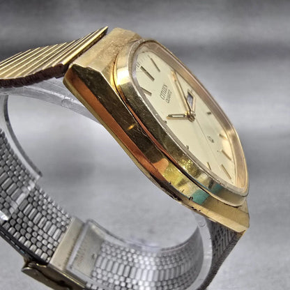 Citizen CQ Watch Men 34mm Champagne Dial Gold Tone Daydate 4-211898 New Battery3