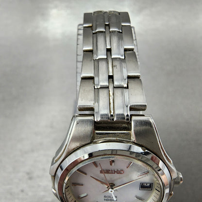 Seiko Solar Watch Women 28mm Mop Silver Tone Date Round V1870ac0 Runs4