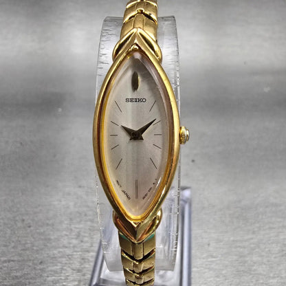 Seiko Watch Women 14mm White Dial Gold Tone Oval 2E20-7489 New Battery Vintage0