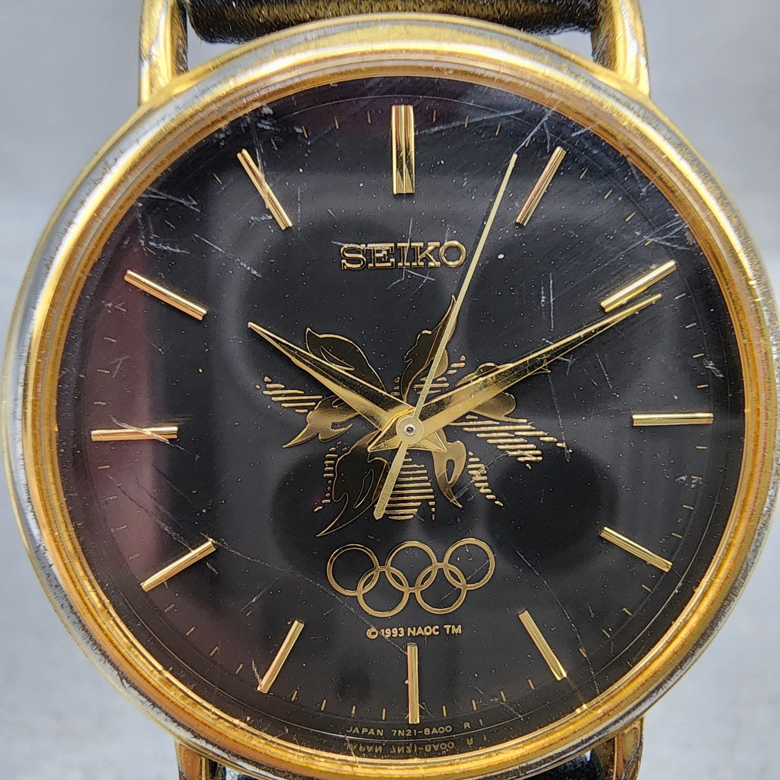 Seiko Watch Men 34mm Black Dial Gold Tone Olympic 7n218a00 New Battery1