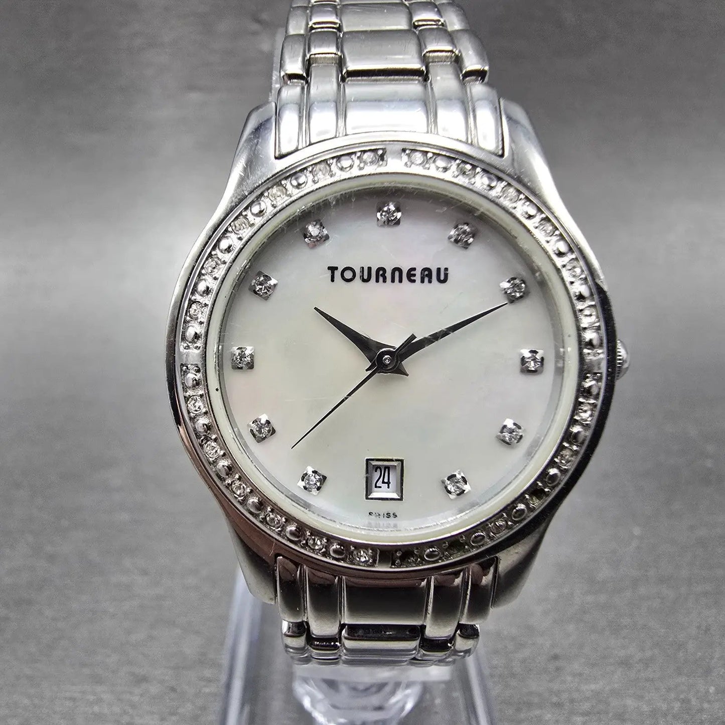 Tourneau Watch Women 28mm MOP Dial Silver Tone Date Round New Battery Honda0