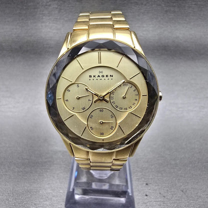 Skagen Watch Women 34mm Champagne Dial Gold Tone Daydate Round 344LGXG New Batt0