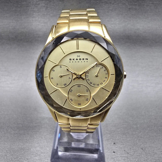 Skagen Watch Women 34mm Champagne Dial Gold Tone Daydate Round 344LGXG New Batt0