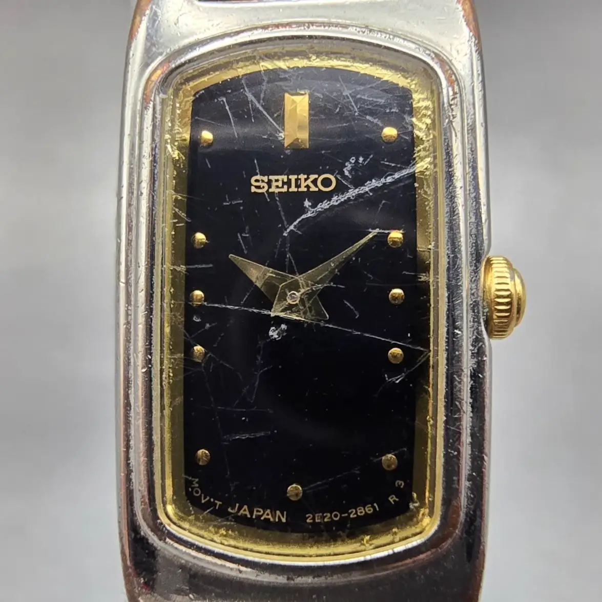 Seiko Watch Women 14mm Black Dial Two Tone Rectangle 2E20-7289 New Battery VTG1