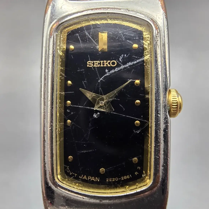 Seiko Watch Women 14mm Black Dial Two Tone Rectangle 2E20-7289 New Battery VTG1